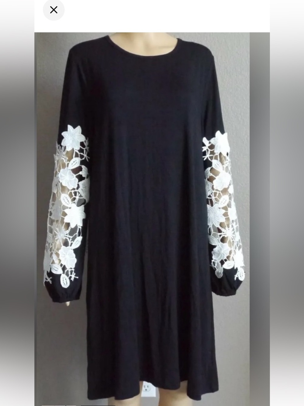 Spense Black Dress with White Floral Lace Long Sleeves